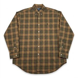 Polo Ralph Lauren Mens Large Classic Fit Plaid Button Down Shirt Olive Green Tan